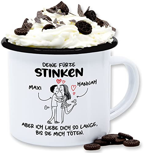 Emaille Tasse Blechtasse - Partner Freund & Freundin - Deine Fürze stinken I Paar Geschenke Pärchen Valentinstag - 300 ml - Weiß Schwarz - furz personalisierte liebeserklärung pups tassen