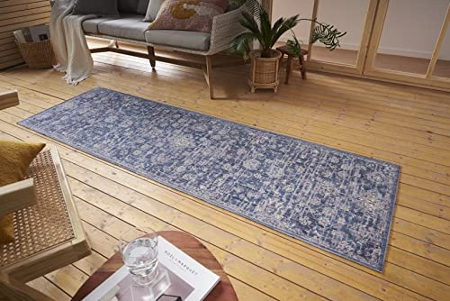 Nouristan Alexandria Indoor & Outdoor Rug Oriental - Flat Weave in Oriental Pattern Vintage Washable, Weatherproof & UV Resistant for Balcony, Patio, Garden, Living Room - Blue, 75 x 200 cm