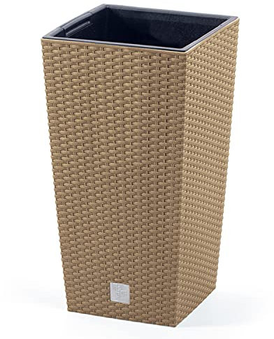 Maceta para flores y plantas, cuadrada, Rato Square, Eco Wood, decorativa, de plástico y 33% madera, para interior y exterior, 29 x 29 x 55 cm, marrón, diseño moderno, 35 litros