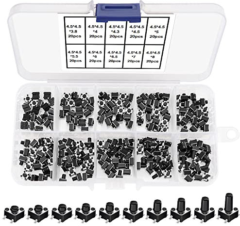 VooGenzek 200 Piezas 10 Valores Interruptor de Boton Momentaneo Tactil, 4.5×4.5mm Pulsador Táctil Interruptor Micro Momentáneo Tacto Kit con Caja de Plástico, Negro
