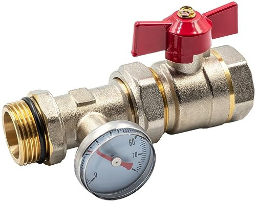 Schwerer 1-Zoll-Kugelhahn mit Verschraubung und Thermometer, roter Flügelgriff