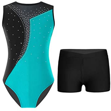 Jugaoge Mädchen Ärmellos Turnanzug Gymnastikanzug Mesh Spleiß Ballettanzug Tanzbody mit Glitzer + Stretch Sport Shorts Kurze Hose Leggings 2pc Tanzoutfit Blau Grün & Schwarz 146-152