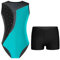 Jugaoge Mädchen Ärmellos Turnanzug Gymnastikanzug Mesh Spleiß Ballettanzug Tanzbody mit Glitzer + Stretch Sport Shorts Kurze Hose Leggings 2pc Tanzoutfit Blau Grün & Schwarz 146-152