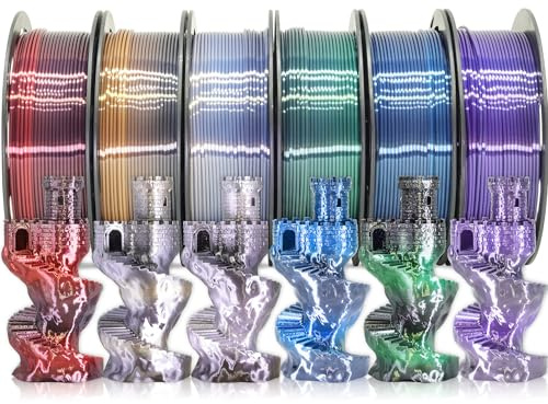 MIKA3D 6 Spulen, schneller 2-Farbwechsel, Seiden-PLA-3D-Drucker-Filament-Bündel, Seidenschwarz, Farbwechsel zu Weiß/Rot/Orange/Blau/Violett/Grün, jede Spule 250 g, insgesamt 1,5 kg, Seiden-PLA-Bundle