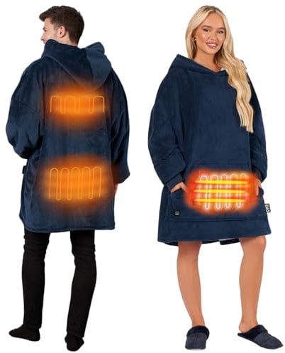 OHS Electric Heated Hoodie Blanket Navy Blue, Oversized Heated Hoodie Womens Ultra Soft Sherpa Fleece Throw Fluffy Wearable Blanket Hoodie Christmas Gifts for Her