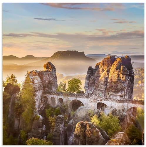 ARTland Wanddeko Wandbild Alu Verbundplatte für Innen & Outdoor Bild 100x100 cm Sächsische Schweiz Natur Bäume Berge Antik Architektur Brücke Bastei Sonnenuntergang U4XD