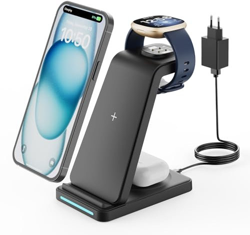 Kabelloses Ladegerät für Fitbit Ladestation - GEEKERA 3 in 1 Ladestation für Fitbit Sense 2/Sense/Versa 4/3, Kabelloses Ladegerät für iPhones, Samsung & Google-Handys, AirPods 4/3/2/Pro-Schwarz