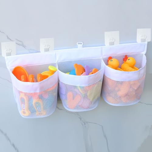 Tnsland Red Para BañEra Con 3 Compartimentos Y 5 Ganchos, Red Para Juguetes De BañO Bolsa Organizadora Colgante Para Juguetes De BañO Para NiñOs