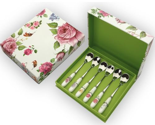FH - Teaspoon, Coffee Spoon, Small Spoon, Stainless Steel 6 Pieces - in Gift Box, with Ceramic Porcelain Handle and Flower Pattern - Vintage, Retro, Boho Gift Idea - for Party, Birthday, Wedding