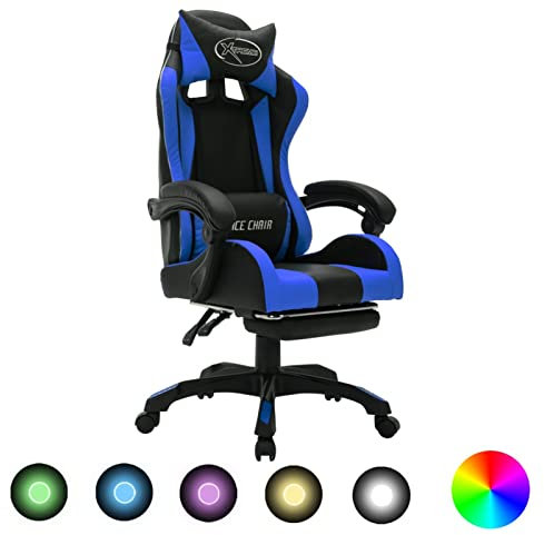 Homgoday Casa Mobilia Chaise de Gaming avec Lumières LED RGB Bleu et Noir Similicuir Chaise de Repose, Chaise de Bureau Ergonomique, Chaise de Bureau, Fauteuil de Bureau Salon Chambre à coucher
