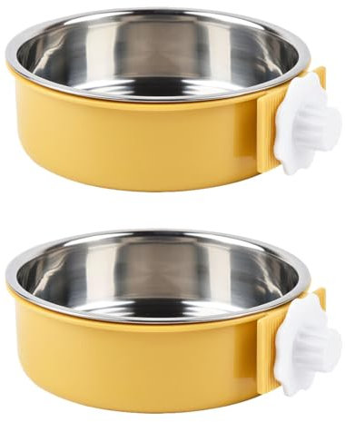KuTi Kai 2 IN 1 Stainless Steel Pet Hanging Bowl Removable Dog Bowl for Crates Puppy Food Feeder Water Dish with Bolt Holder Dog (Yellow-Large-2Packs)