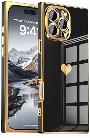 IAIYOXI Case for iPhone 14 Pro Max - Rectangle Design, Full Camera Protection, Cute Heart Pattern, Electroplated Reinforced Corners, Shockproof Edge Bumper,Compatible with iPhone 14 Pro Max,Black