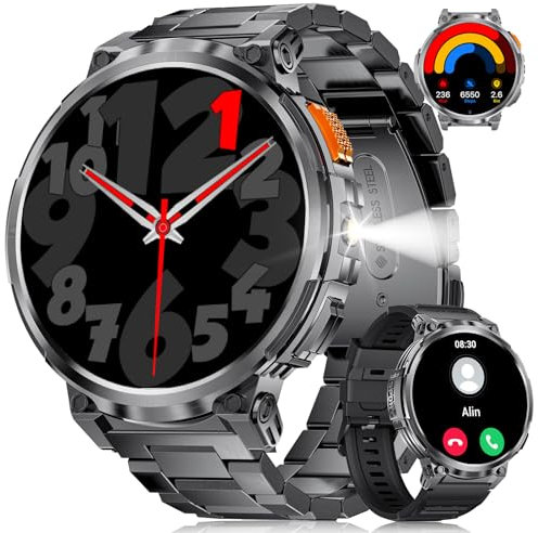ESFOE Smartwatch Herren mit Telefonfunktion,1.85'' HD Robust Militär Smart Watch mit 730mAh Lange Akkulaufzeit,LED Taschenlampe,IP68 Wasserdicht Fitnessuhr mit 100+ Sportmodi für Android iOS(2 Bänder)