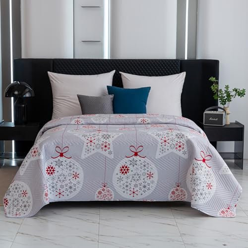 FEBE Tagesdecke Weihnachts Kugel und Sterne Bettüberwurf 240x220 cm Überwurfdecke Sofadecke Sofaüberwurf Flauschig Mikrofaser Zimmer Deko