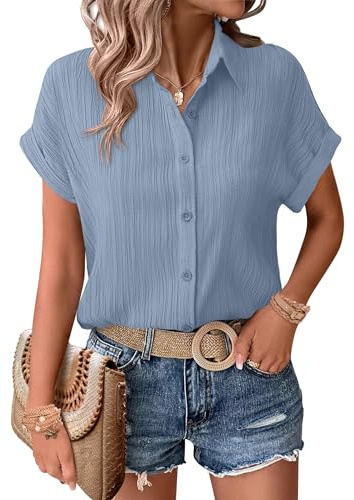 Zeagoo Camisa de manga corta con botones para mujer, estilo casual, holgada, con bolsillo en el pecho, cuello en V, para verano
