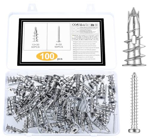 Viti e Tasselli per Cartongesso, 100 Pz Fissaggio Tasselli Autofilettante per Cartongesso, Tassello Autofilettante in Metallo con Viti, Tasselli Autoperforanti per Tende Cornici Impieghi Gravosi