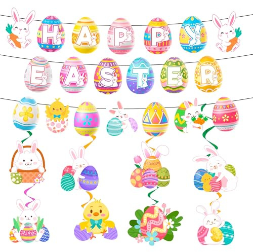 Osterdeko Banner Spiral, 9 Pcs Ostern Ostern Deko, Frohe Ostern hängende Wirbeldekoration Osterhasen Eier Dekoration Deckenhänger, Spirale für Frühlingsdekoration Osterfeier-Dekoration