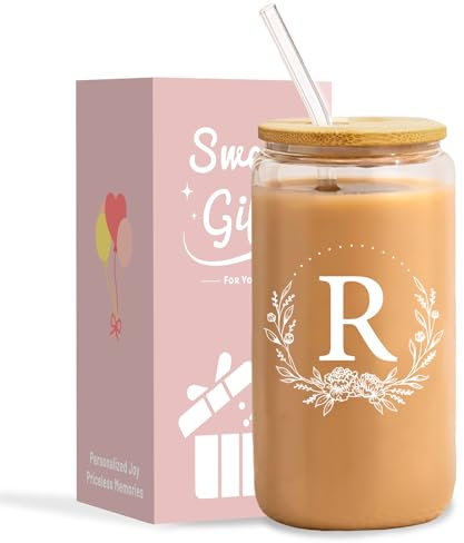 NOOMII A-Z Personalised Gifts for Women- 16oz Initial Gifts Iced Coffee Cups for Her - Ideal Iced Coffee Gift Set Bestie Gift for Birthday Mother's Day Easter Day Party Engage Wedding- Initial R