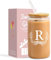 NOOMII A-Z Initial Personalised Gifts for Women- Birthday Gifts for Women 16oz Iced Coffee Glass Cups with Bamboo Lids and Straws- Ideal Iced Coffee Gift Set for Friend Mum Wife Colleagues (R)