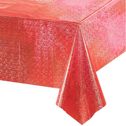 Party Tischdecke Rot Glitzer 1 Stück - Geburtstag Tischdecken Foil Plastik Einweg Party Deko für Casino Zirkus Feuerwehr Las Vegas Rubinhochzeit Brawl Cars Ladybug Erdbeer Valentinstag Party