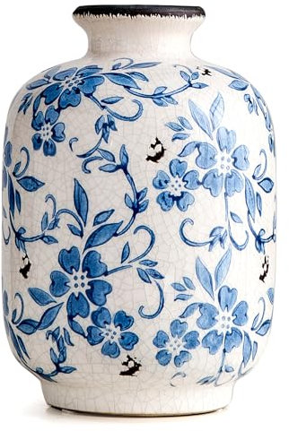 Keramik Vase, Weiß und Blau Porzellan, Vase Groß Blau für Haus, Landhaus Rustikale Dekoration für Zuhause, Tischvase für Blumen
