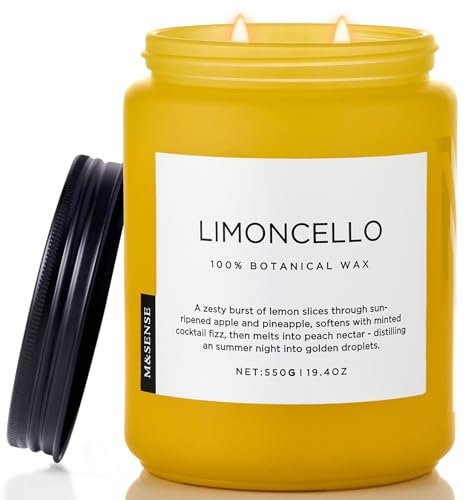 M&SENSE Limocello Sommer-Duftkerze, 550 g, 110 Stunden lang anhaltende Brenndauer, ungiftig, natürliches Sojawachs, Zitrone, stark duftend, für Heimdekoration, 2 Dochte, entspannende Kerze, Geschenke