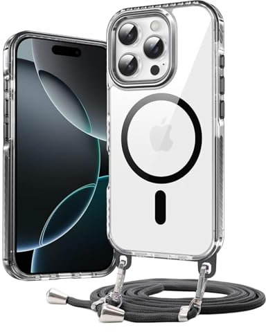 Galful Handykette Handyhülle für iPhone 14 Pro Magnetische Hülle mit Band Kompatibel mit Magsafe Transparente Case Abnehmbar Kordel zum Umhängen PC Zurück Schutzhülle Hart Clear Case Cover-Schwarz
