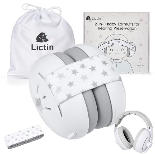 Lictin Gehörschutz Baby - 2-in-1 Baby Kopfhörer Lärmschutz 25dB - Baby Ohrenschützer Lärm Verstellbares Kopfband - Kopfhörer Babys Lärmschutz bis 48 Monate - Hörschutz Kinder Grau Stern