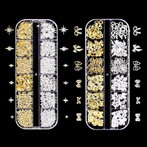 3D Nail Charms 2Boxes - TRACOMPAN 24Grid Metal Alloy Bow Star Gems for Nail Art Designs | Punk Rivet Stickers & Nail Studs Accessories for Nail Art Design DIY Crafts(Gold/Silver)