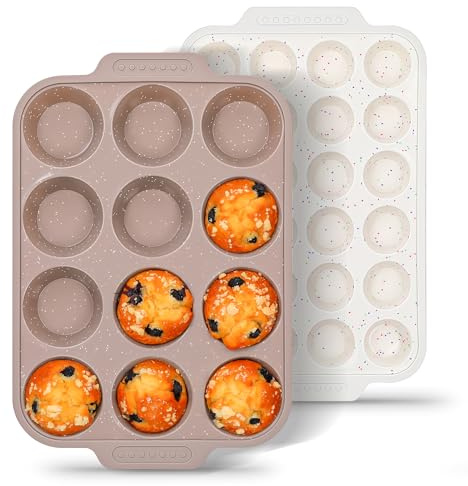 AOTASO 2 Pcs Silicone Muffin Pans for Baking with Metal Reinforced Frame, Nonstick Cupcake Tray for Oven, 12 Cups Regular and 24 Cups Mini Size Silicone Molds for Egg Bites (Brown, Cream)