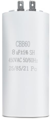 Condensateur CBB60 8µF 450V 2 Bornes 25/85/21 jusqu'à 85 °C – Condensateur de Démarrage Moteur pour Machine à Laver, Climatiseur, Pompe, Générateur – SYNN (1 Pièce)