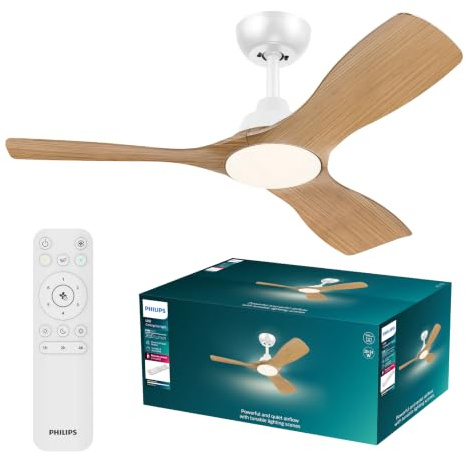 Philips Olas, Ventilatore a soffitto LED, 3 Pale, 107cm, Bianco/Legno