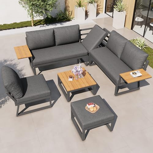 Gartenmöbel-Set für 6-7 Personen, Lounge Möbel Outdoor mit Holztisch, L-Form Garten Loungemöbel Set mit Eckgarnitur & Liege aus Eisen, für Terrasse, Garten und Balkon, Balkon Sofa (Grau, 7-Personen)