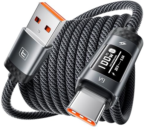 toocki Cable USB-A a USB-C100W 2M con Pantalla OLED, Nailon Trenzado, Negro