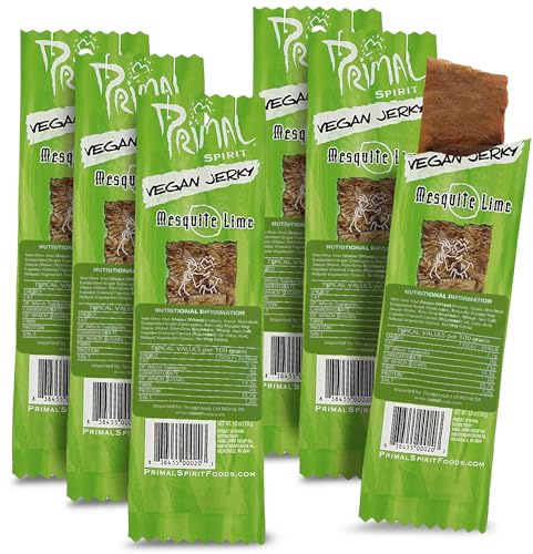 Primal Spirit, Vegan Meatless Jerky Strips - High Energy, High Protein, Non-GMO, 93% Fat-Free Snacks, Vegan Jerky - 28g, Pack of 1 Mesquite Lime Flavour