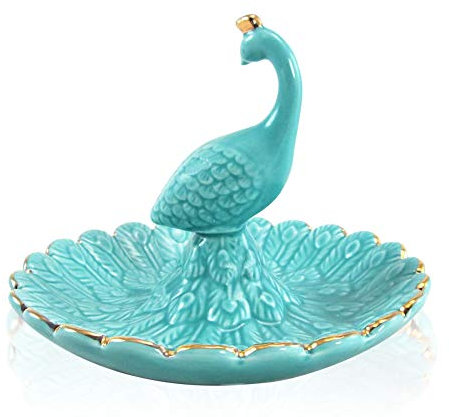 LEPENDOR Vassoio portagioie in ceramica con animali Porta anelli Piatto gingillo Collana Orecchini Anelli Display Organizer per gioielli Decorazione per la casa porta gioielli gingillo- Blu, Pavone