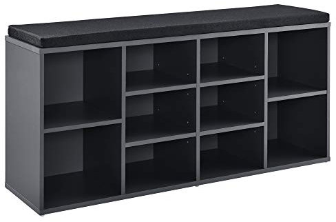 [en.casa] Schuhregal und Sitzbank mit 10 Ablageflächen 103x30x48cm Schuhschrank Schuhständer Schuhkommode Dunkelgrau mit Polsterkissen Schwarz