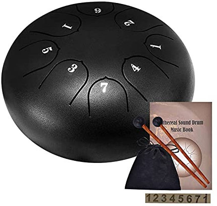 Steel Tongue Drum, WZTO Zungentrommel 8 Noten 6 Zoll Scheibentrommel Stahl Zunge Schlagzeuger Stahlzungen-Trommel Percussion Instrument Hand Pan Drum mit Trommelschlägeln und Tragetaschen(Schwarz)