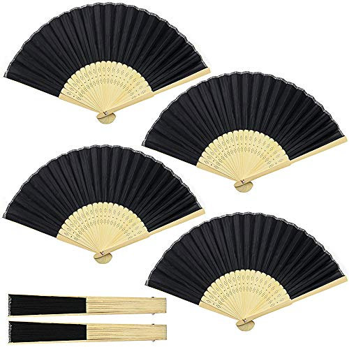 ZARRS 4 Pack Handheld Bamboo Silk Fan, Black, Foldable, Lightweight, Classic, Traditional/Oriental, 21 cm x 21 cm x 38 cm (folded), 38 cm x 21 cm (unfolded), Perfect for Decoration, Manual Cooling