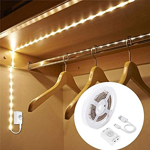 LUXJET Bande Lumineuse LED Autocollante Rechargeable Bande LED USB avec Detecteur de Mouvement Blanc Chaud 1,5m avec Marche/Arrêt Automatique pour Closet, Chambre, Escaliers, Cuisine