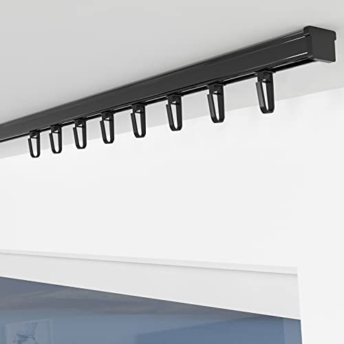 ALOHA Gardinenschiene aus Aluminium Vorhangschienen, Deckenbefestigung 1, 2, 3, 4, 5 -läufig für Schiebevorhänge, Vorhänge (ITU / 1-läufig / 160cm / mit Faltenlegehaken/Schwarz)