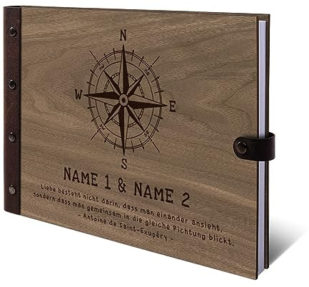 Personalisiertes Hochzeit Gästebuch echtes Holz DIN A4 Hochzeitsbuch mit Lasergravur - Kompass - mit 72 Blatt / 144 Seiten Naturpapier Weiß