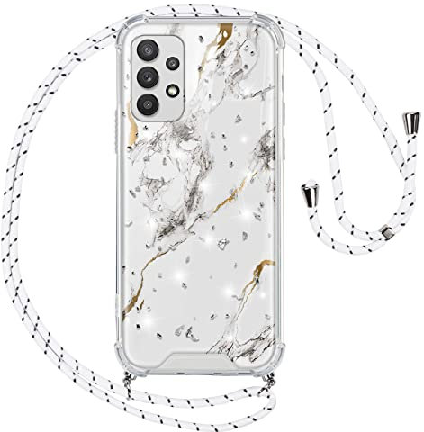 Vauki Hülle Marmor für, mit Band Muster Glitzer Handyhülle mit Motiv Transparent Silikon Kordel Handykette zum Schutzhülle Schnur Case für 6,4 Samsung Galaxy A32 4G,Weiß