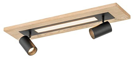 EGLO Deckenlampe Torrestralle, Deckenleuchte mit LED-Panel und 2 Spots, Wohnzimmerlampe aus schwarzem Metall und Holz-Furnier in Eiche-Optik, Lampe Decke Wohnzimmer, warmweiß, L 69 cm