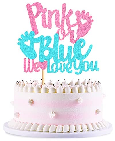 Blumomon 1Pc Glitter Pink or Blue We Love You Cake Topper Footprint Gender Reveal Cake Decoration for Baby Shower Theme Boy or Girl Gender Reveal Party Decoration Supplies