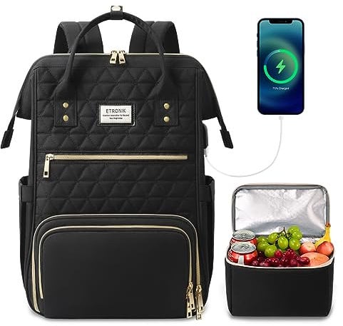 ETRONIK Laptop Lunch Backpack for Women, 15.6 inch Laptop Backpack with USB Port, Teacher Nurse Work Bag with Cooler Bag Insulated, Rucksack for Women Business Work Picnic, Gift, Black