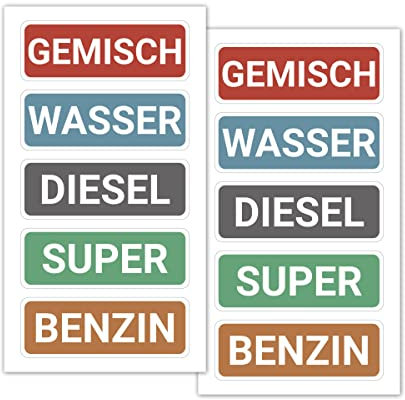 Kraftstoff Aufkleber Super, Benzin, Diesel, Gemisch, Wasser – Tankaufkleber für Auto & Motorrad, Hinweis Kennzeichnung für Kanister, Tankdeckel, Benzinkanister – wetterfest, langlebig (10er Mix)
