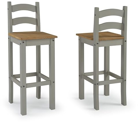Mercers Furniture Corona Grey Painted Wax Pair of Bar Stools Solid Wood Pine Wooden Breakfast Kitchen Dining Tall Chairs Mexican 107cm High 37cm Wide 38cm Deep
