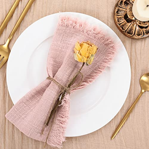 Socomi Lot de 12 serviettes de table lavables en lin avec franges pour fête de mariage, fête prénatale, anniversaire - Motif rose poudré - 43,2 x 43,2 cm