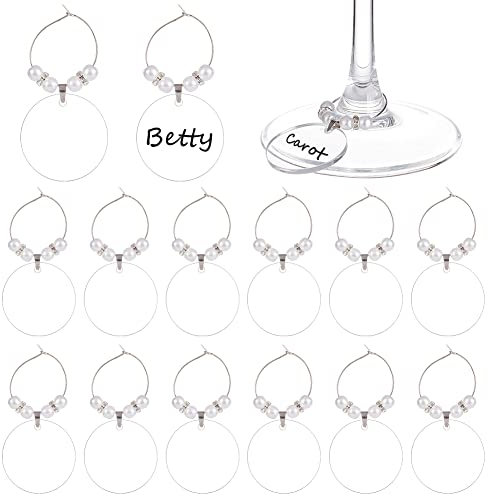 BENECREAT 20pcs Flat Round Clear Wine Glass Name Charms - Acrylic Wine Glass Charms with Brass Rings for Identification and Decoration